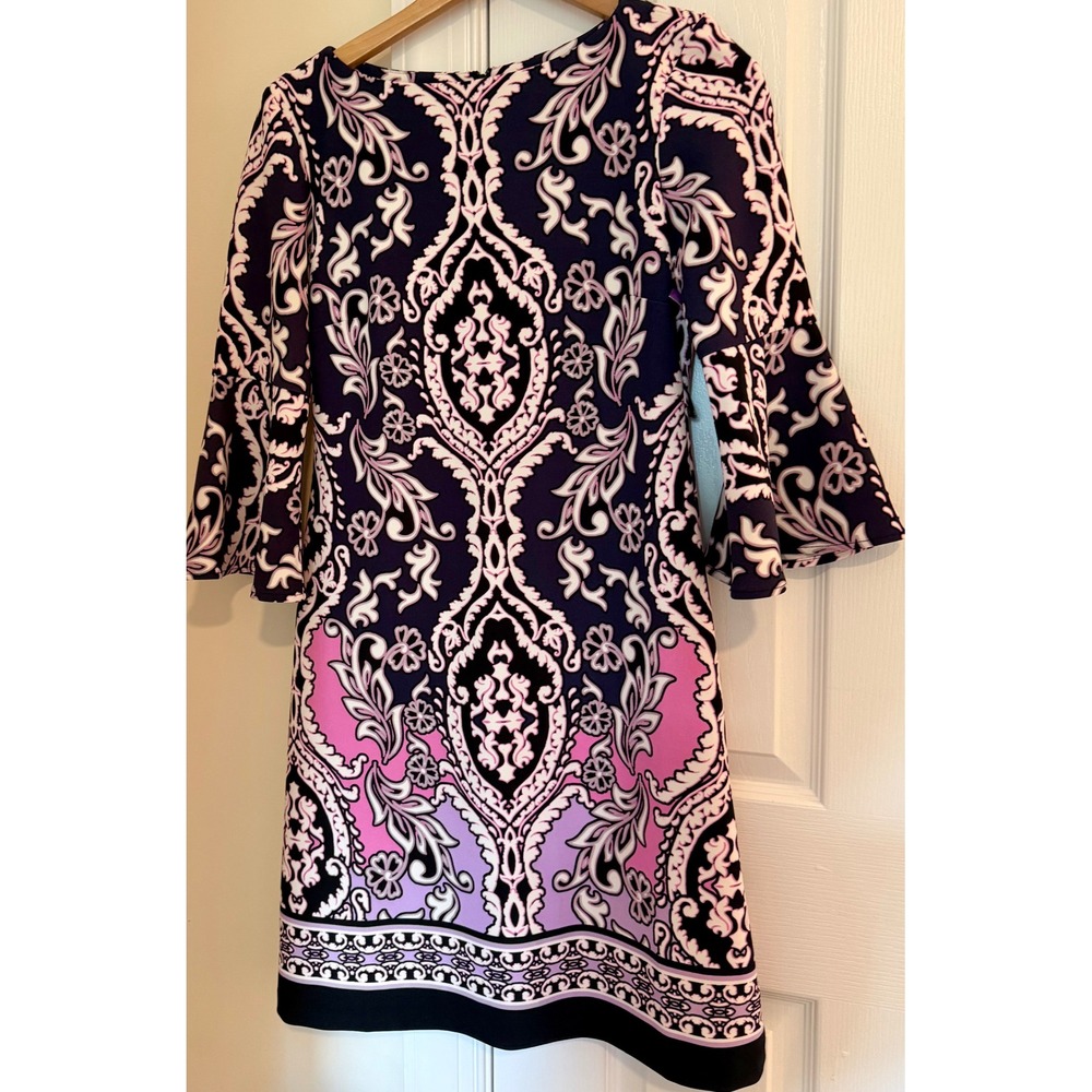 Taylor Womens Navy Pink Baroque Damask Bell Sleeve Shift Dress Size 6